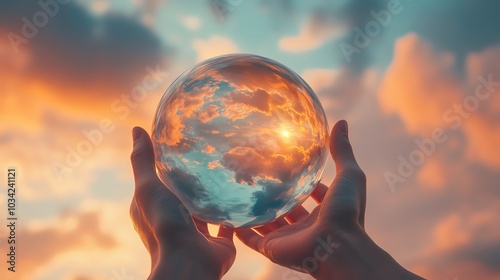 Hands holding a crystal ball reflecting colorful clouds during sunset. photo