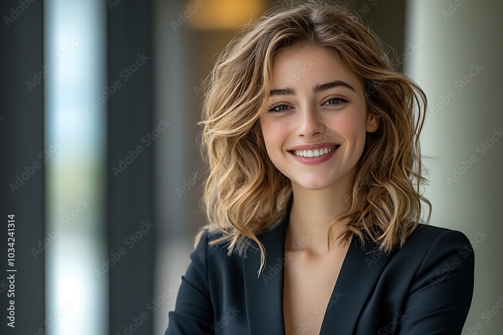 Smiling Woman in a Blazer, Happy and Confident Smiling Woman in a Blazer, Happy and Confident