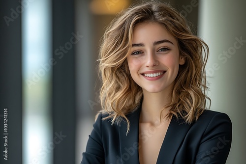 Smiling Woman in a Blazer, Happy and Confident