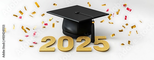 A vibrant and festive representation of graduation featuring a classic mortarboard hat the year 2025 and colorful confetti symbolizing achievement and celebration.