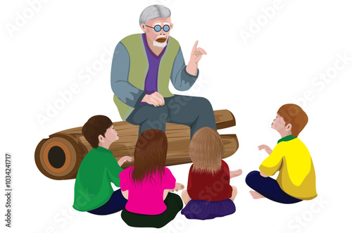 Grandpa is sitting and telling stories to the children.vector design