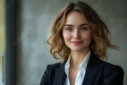 Smiling Woman with Natural Curly Blonde Hair in Studio Portrait