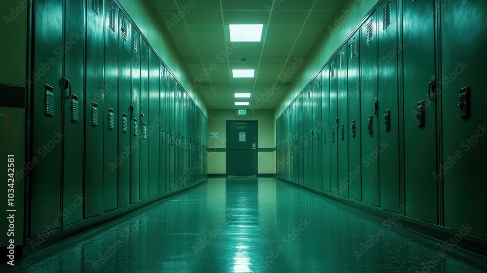 Dimly lit hallway with rows of closed lockers, casting a mysterious and eerie ambiance. Ideal for themes of school or suspense. Dimly lit hallway with rows of closed lockers, casting a mysterious and eerie ambiance. Ideal for themes of school or suspense.