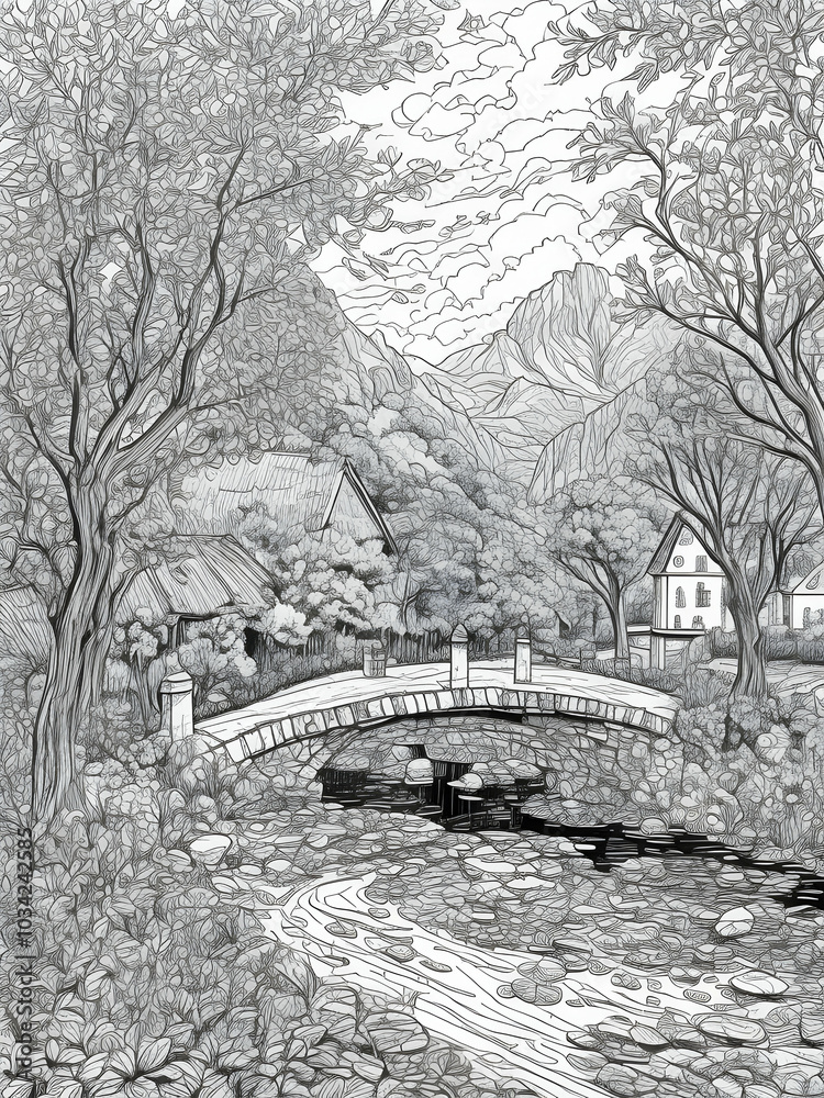 Fototapeta premium coloring page of beautiful french landscape anti-stress , coloring book page, clean line art, thick lines, no color, white background, only strokes