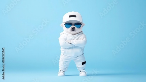 Trendy dog in white outfit and sunglasses, posing confidently against blue background.