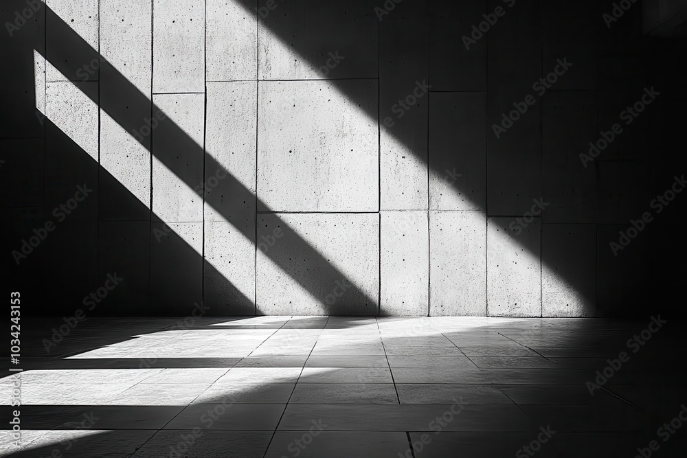 Fototapeta premium Dramatic geometric shadows create abstract patterns on a concrete wall, evoking a sense of minimalism and modern architectural design.