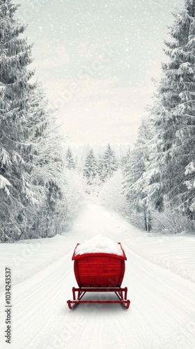 Red sled on snowy path surrounded by evergreen trees, winter wonderland scenery. photo