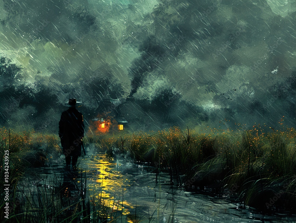 Mysterious Figure Walking in the Rain Towards a Distant Light Mysterious Figure Walking in the Rain Towards a Distant Light