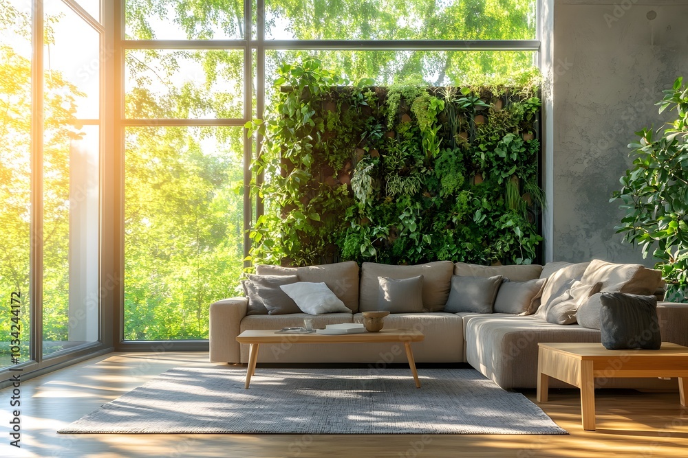 A modern living room with a large indoor vertical garden, natural wood furniture, and sunlight streaming through large windows A modern living room with a large indoor vertical garden, natural wood furniture, and sunlight streaming through large windows