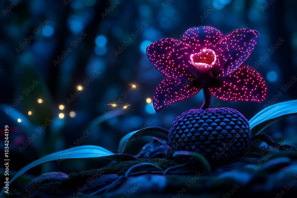 Fototapeta premium Pixelated orchid glowing softly, with blinking fireflies around