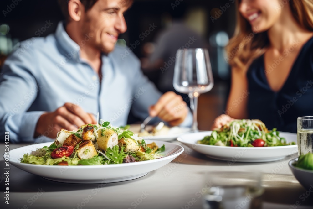 A young couple shares a delightful meal featuring a fresh Caesar salad with roast chicken and vibrant vegetables in an upscale dining setting A young couple shares a delightful meal featuring a fresh Caesar salad with roast chicken and vibrant vegetables in an upscale dining setting