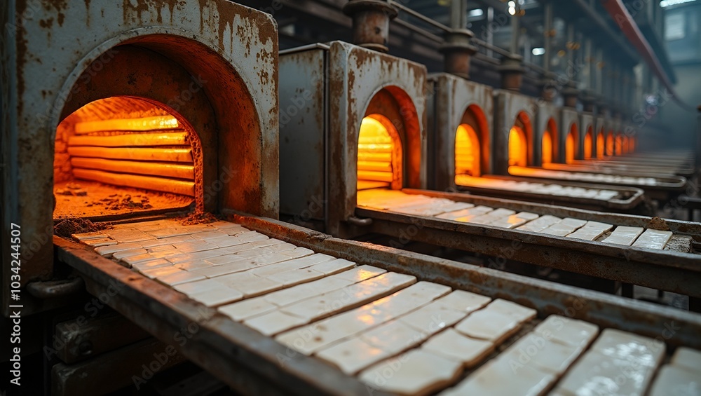 Industrial ovens baking ceramic tiles with conveyor belts and warm orange glow Industrial ovens baking ceramic tiles with conveyor belts and warm orange glow