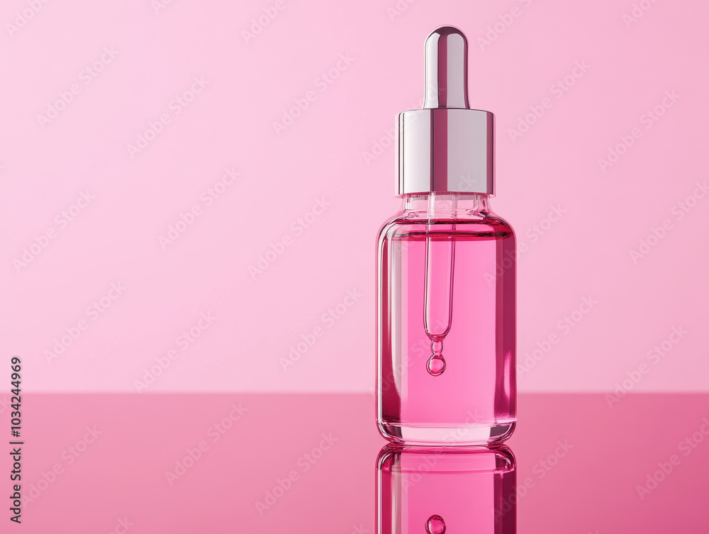 Obraz premium A pink serum bottle gleams on a soft pastel background, radiating elegance and beauty