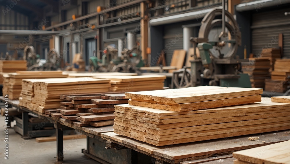 Busy lumber mill with stacked planks and saws in action Busy lumber mill with stacked planks and saws in action