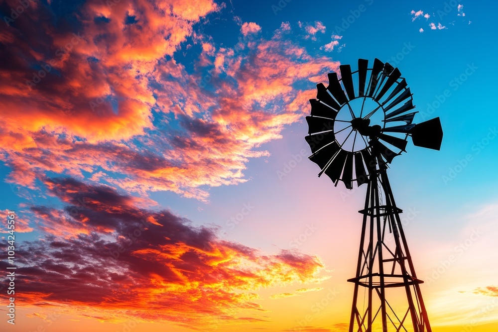 Silhouette of a windmill under a pastel gradient sky, minimal colors and clean shapes Silhouette of a windmill under a pastel gradient sky, minimal colors and clean shapes