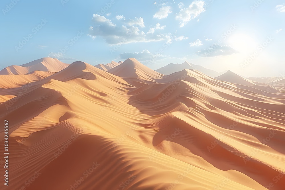 Naklejka premium Majestic Desert Landscape with Golden Sand Dunes under a Clear Blue Sky