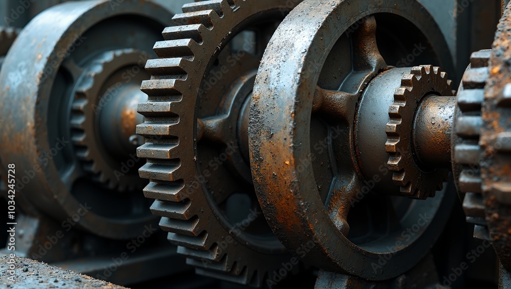 Industrial machine with massive gears coated in grease oil and loud mechanical noises Industrial machine with massive gears coated in grease oil and loud mechanical noises