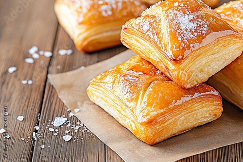 Freshly baked Kouign Amann pastries on a rustic wooden table with caramelized tops and scattered sugar crystals photo