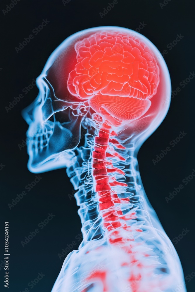 X-ray view of a human skull and brain, showcasing detailed anatomy. X-ray view of a human skull and brain, showcasing detailed anatomy.