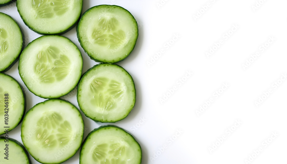 cucumber slices pattern on side position provides copy space for text. background concept isolated white cucumber slices pattern on side position provides copy space for text. background concept isolated white