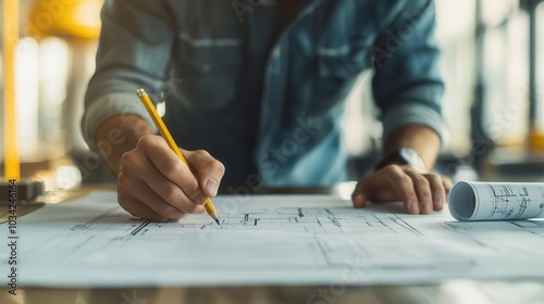 Engineer sketching modifications on blueprint with mechanical pencil, detailed floor plans and technical drawings visible