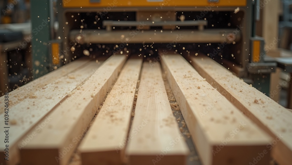 Wooden boards on conveyor belt in factory sawdust in air Wooden boards on conveyor belt in factory sawdust in air