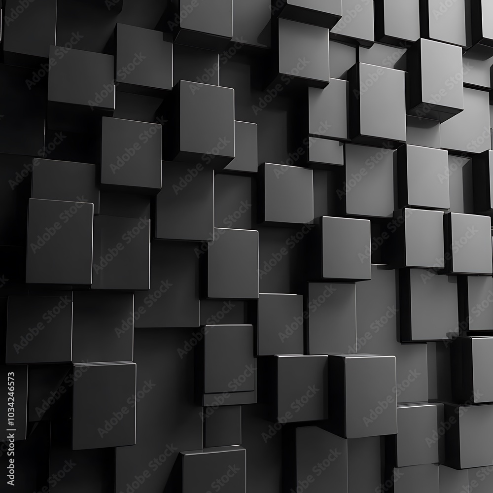 A textured wall composed of varying black cubes creating a modern, abstract design. A textured wall composed of varying black cubes creating a modern, abstract design.
