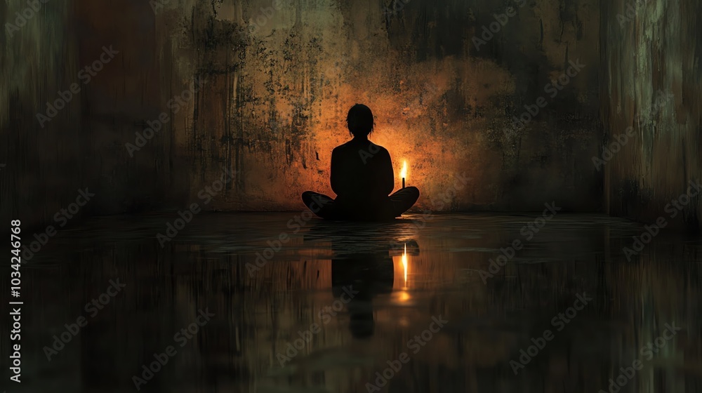 Silhouette of a person meditating in a dark room illuminated by candlelight, creating a tranquil atmosphere. Silhouette of a person meditating in a dark room illuminated by candlelight, creating a tranquil atmosphere.