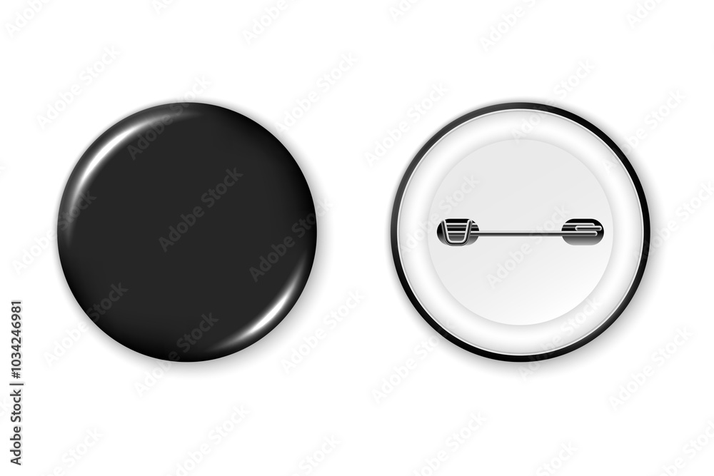 Black badge mockup. Round badge button brooch. Realistic black blank glossy round button badge pin with plastic back cover. Vector illustration. Black badge mockup. Round badge button brooch. Realistic black blank glossy round button badge pin with plastic back cover. Vector illustration.