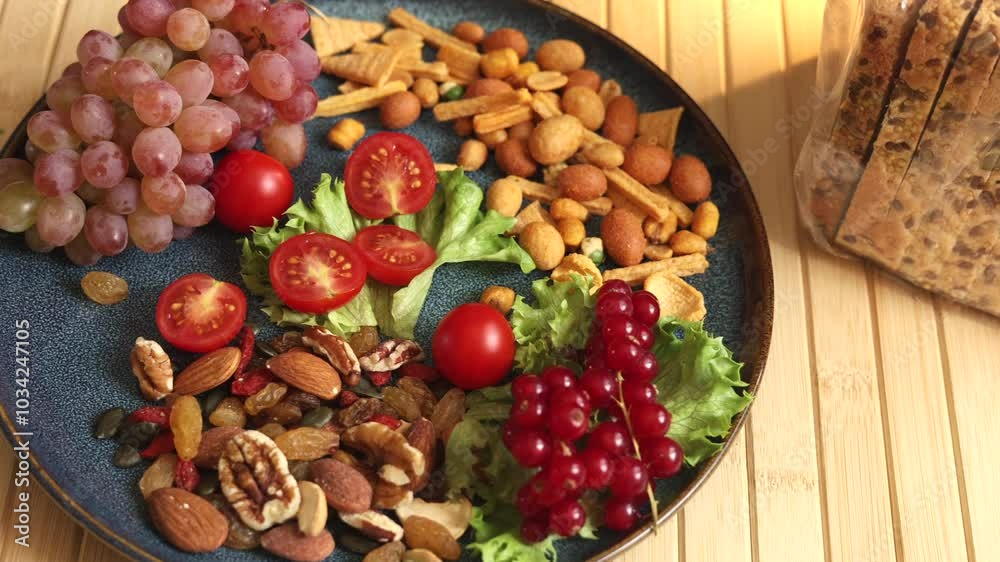 Plate with assorted fruits, nuts and vegetable on wood table embodies simplicity of clean, eco-friendly eating. Nutrient-rich meal supporting wellness, sustainable living, and plant-based diets. Plate with assorted fruits, nuts and vegetable on wood table embodies simplicity of clean, eco-friendly eating. Nutrient-rich meal supporting wellness, sustainable living, and plant-based diets.