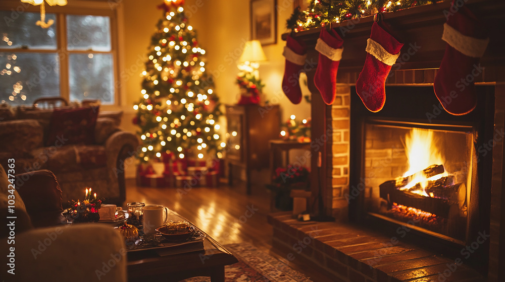 A cozy living room with a fireplace and a Christmas tree. The room is decorated with red and green accents, and there are several presents scattered around the room. Scene is warm and festive A cozy living room with a fireplace and a Christmas tree. The room is decorated with red and green accents, and there are several presents scattered around the room. Scene is warm and festive
