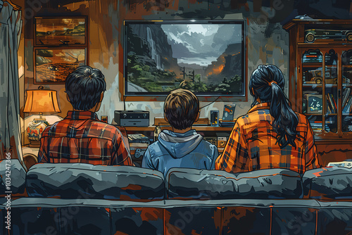 family of three playing video games together in the living room, space for text