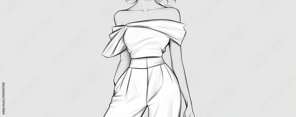Line drawing of woman in off-shoulder top and pants. Line drawing of woman in off-shoulder top and pants.