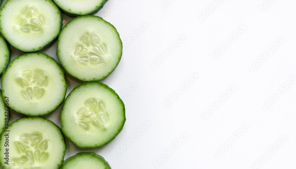 cucumber slices pattern on side position provides copy space for text. background concept isolated white cucumber slices pattern on side position provides copy space for text. background concept isolated white
