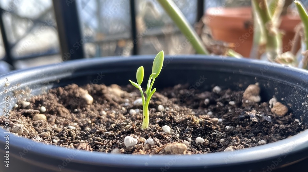 Green seedling in black pot outdoors Green seedling in black pot outdoors