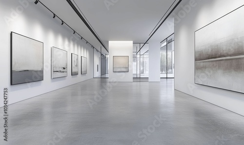 Modern gallery with abstract paintings.