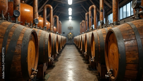 Vintage wooden barrels being filled at distillery with pipes and gauges