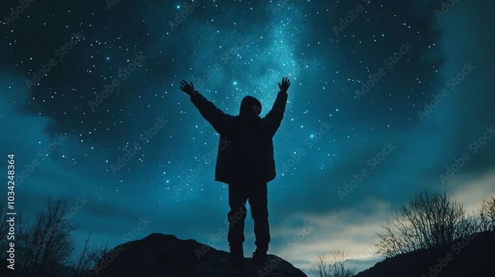 Silhouette of a person with arms raised against a starry night sky, conveying wonder and inspiration. Silhouette of a person with arms raised against a starry night sky, conveying wonder and inspiration.