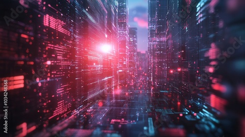 Futuristic digital cityscape with neon lights and abstract data streams, symbolizing technology, innovation, and the digital world.
