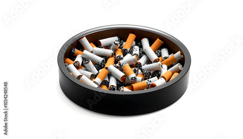 Ashtray full of cigarette butts isolated with white highlights, png