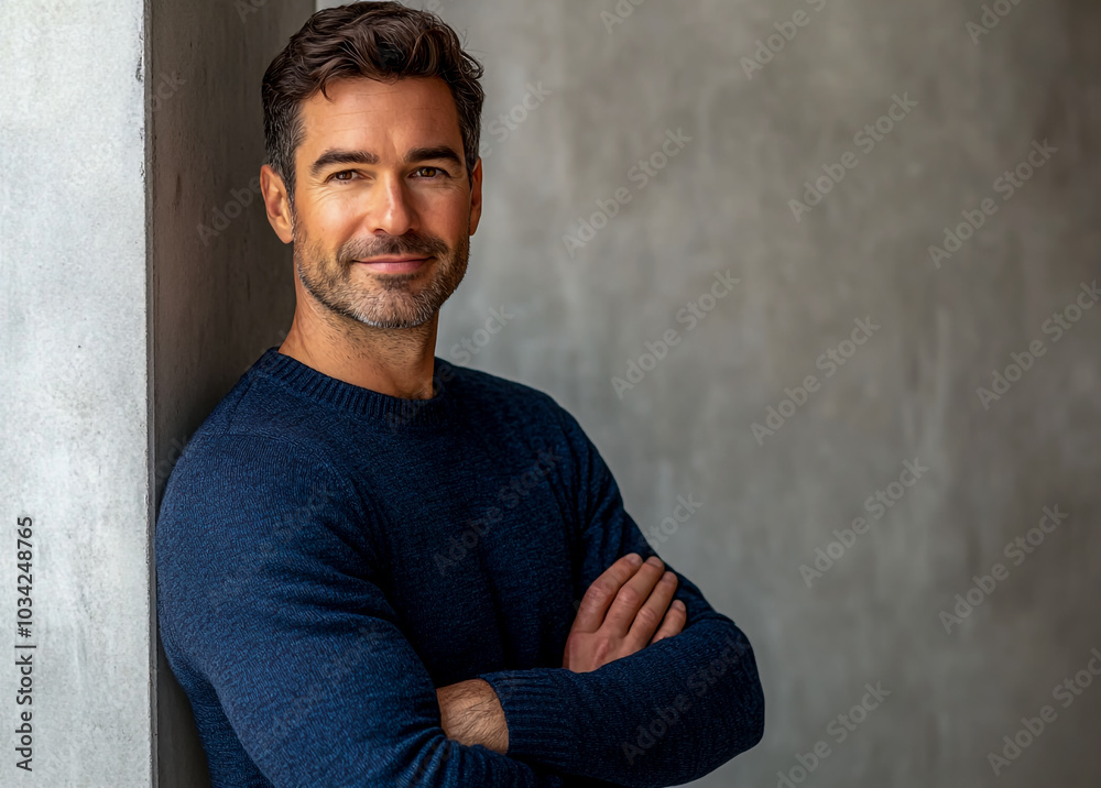 A handsome man in his thirties, wearing a navy blue sweater and standing with his arms crossed. A handsome man in his thirties, wearing a navy blue sweater and standing with his arms crossed.