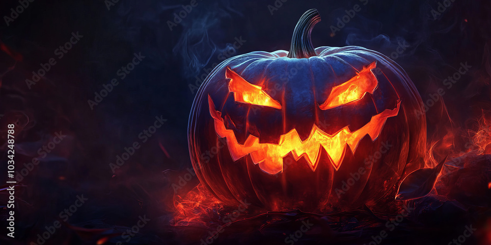 Fototapeta premium Spooky Halloween Jack-o'-Lantern with a Glowing Smile, Halloween background,Generated By Ai
