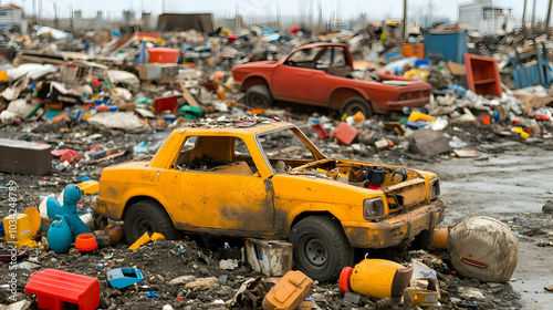 Landfill Overflowing with Discarded Household Items Under Clear Sky