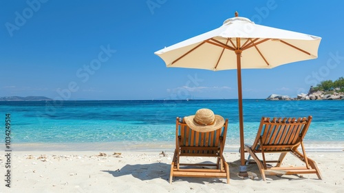A beach lounge chair under an umbrella overlooking the blue sea is ideal for a luxurious and relaxing holiday.