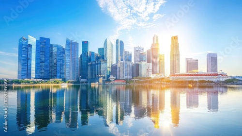 Early morning view of Singapore CBD skyline reflected on the waters of Marina Bay.