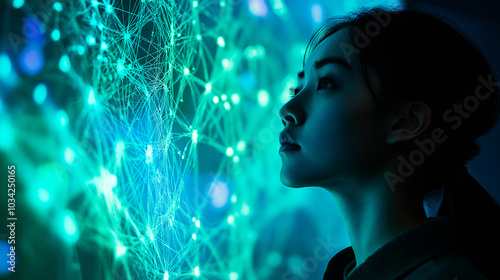 Woman looking at a holographic projection of a complex network. Concept, idea of ​​a quantum field of possibilities.