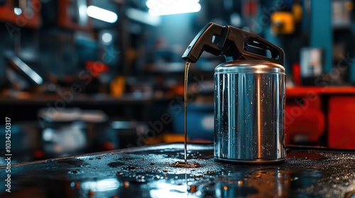 A metal oil can on an industrial workshop surrounded by tools and machinery photo