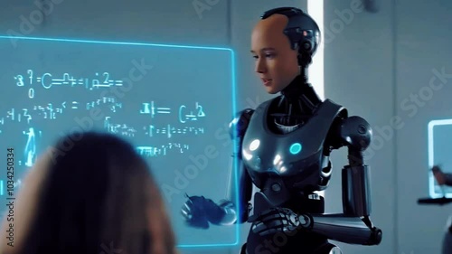 sleek, modern classroom, an android stands at the front, teaching a group of young students.