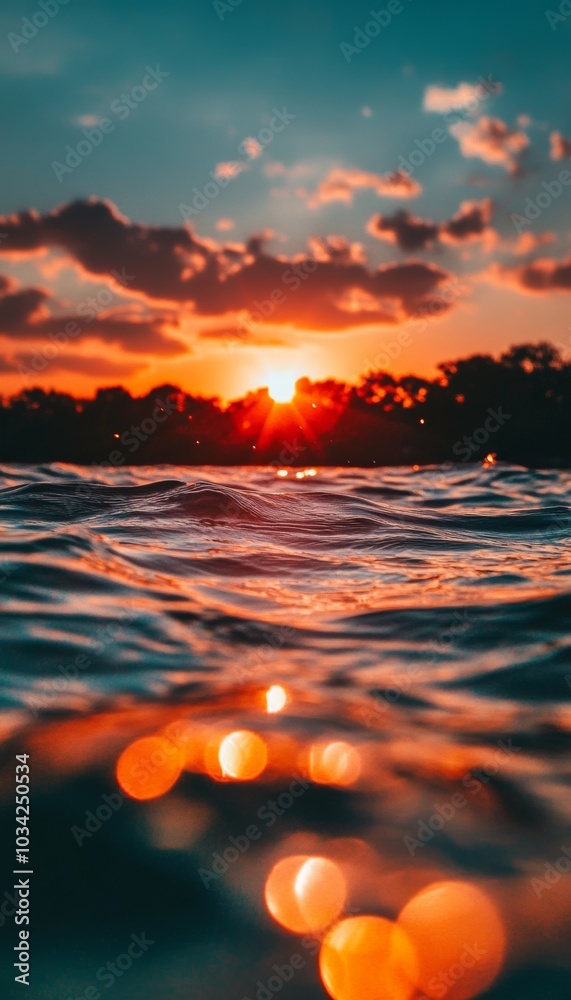 A stunning sunset reflected in the rippling water. The warm colors create a serene and tranquil atmosphere. A stunning sunset reflected in the rippling water. The warm colors create a serene and tranquil atmosphere.