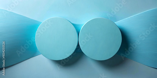 Two large, circular objects in light blue are positioned against a backdrop with a wave-like pattern.Composition features calming shades of blue, creating a harmonious and balanced visual effect. AI 